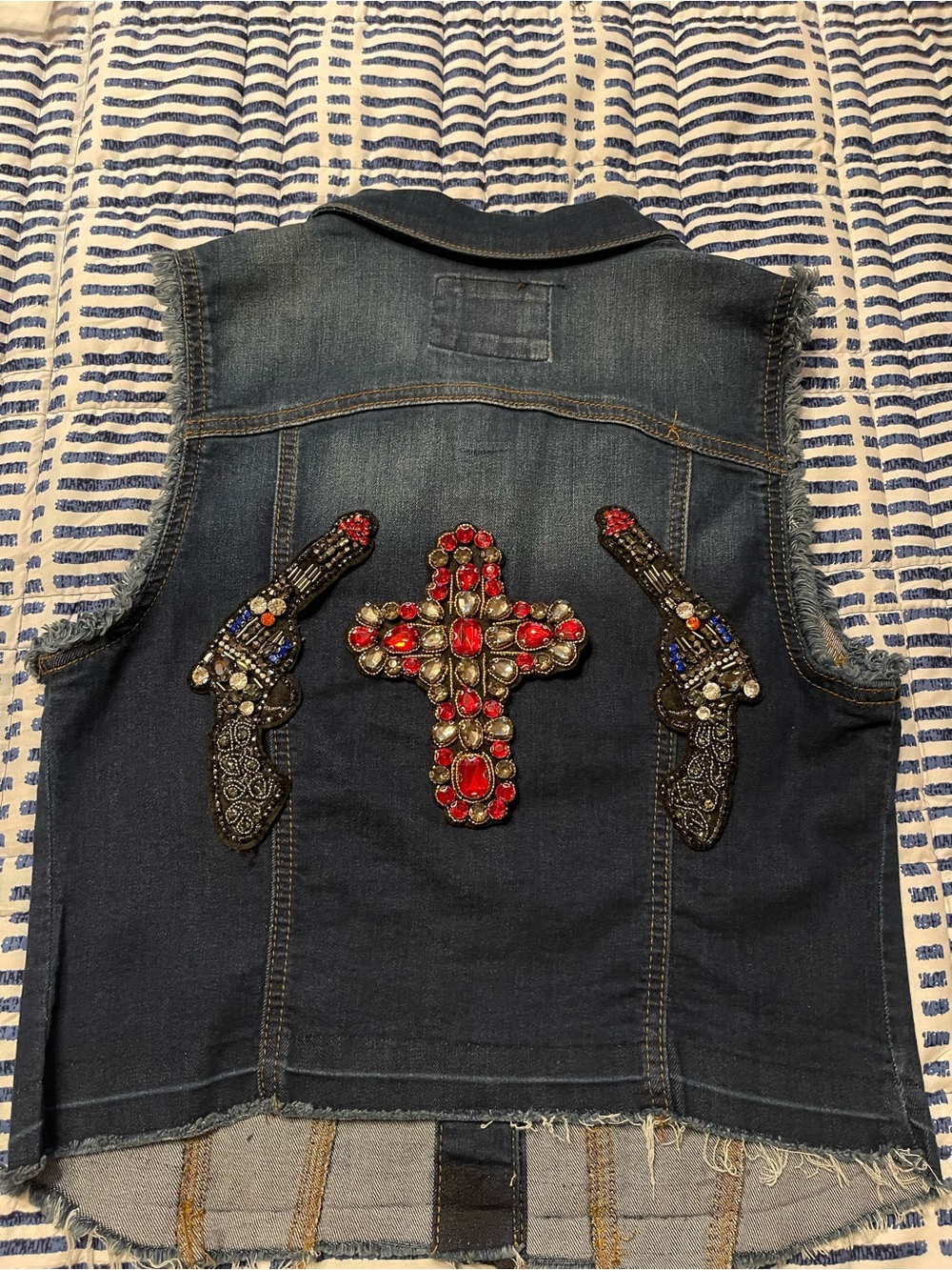 Women’s Dark Denim Sleeveless Vest with Red Gem Cross Embellishment